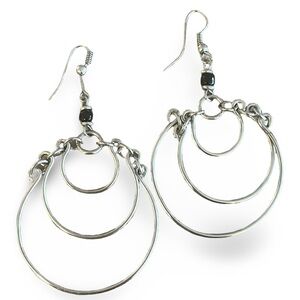 Silver Tone Dangling Earrings with Black Detail